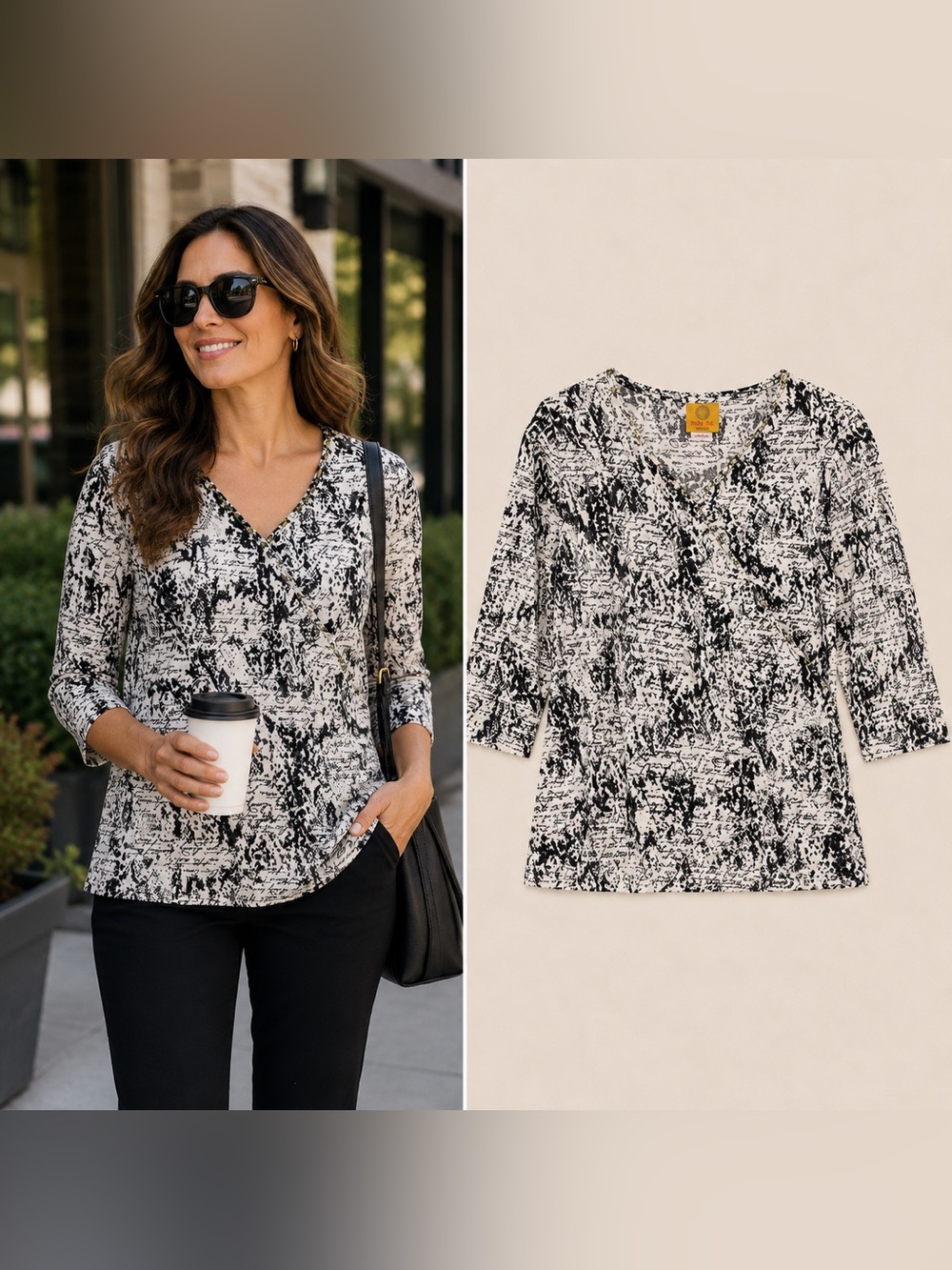 Ruby Rd Woman 3X Embellished Animal Script Print Top Black White Stretch Career